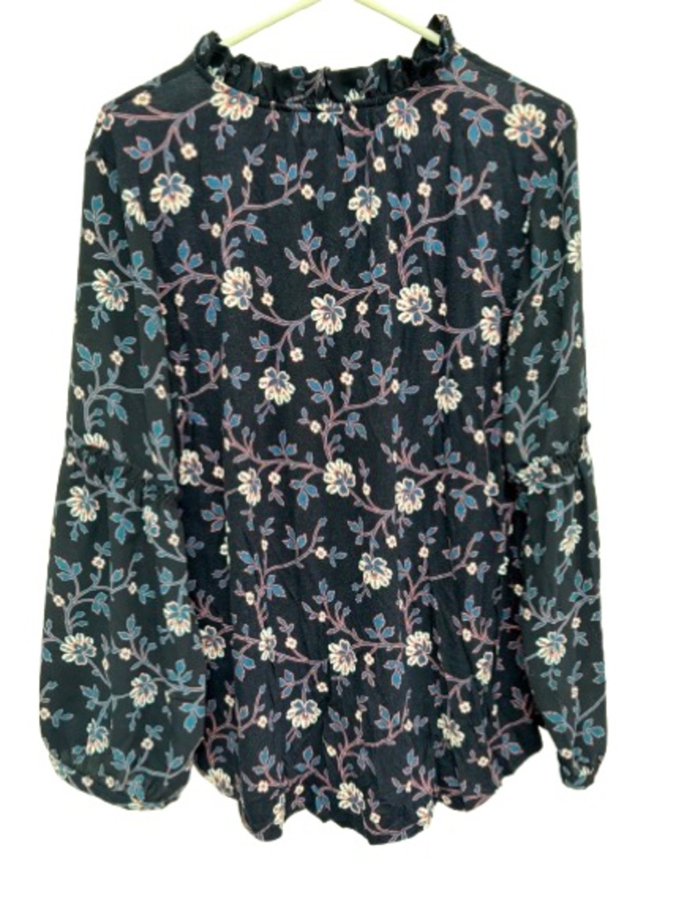 LOFT Black Floral Ruffle-Neck Blouse - Picture 3 of 5